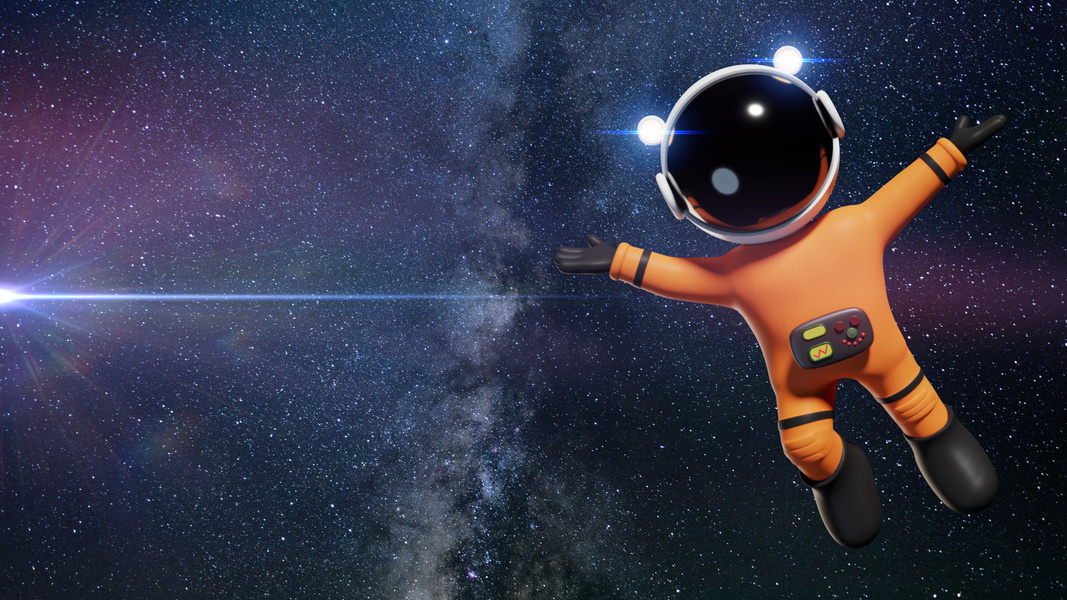 3d cartoon astronaut character with orange space suit presenting an empty space lit by the Sun and the stars of the galaxy
